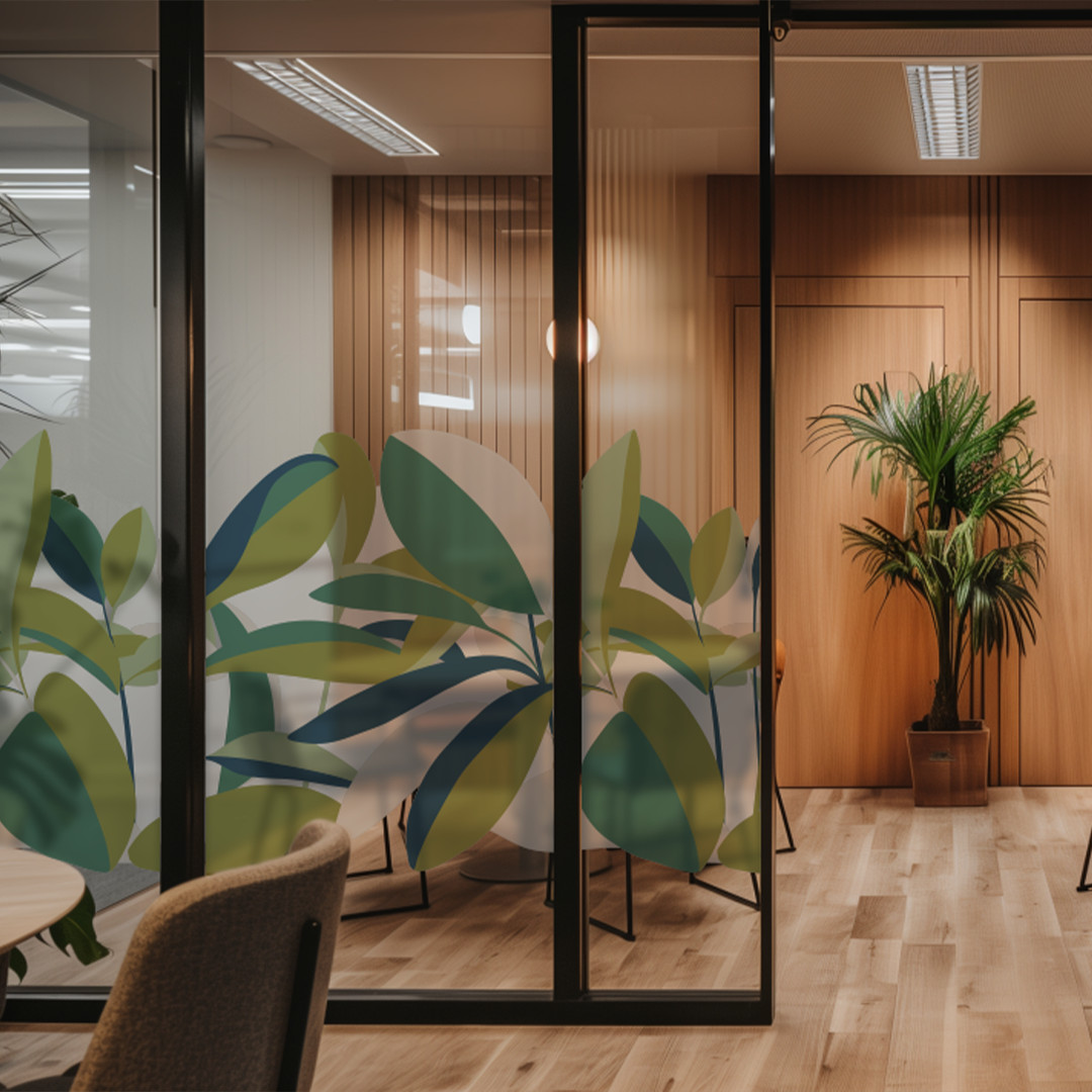 Vitrophanie décorative végétale sur adhésif dépoli, grandes feuilles design dans des tons de verts et bleus dans un bureau moderne et chaleureux.